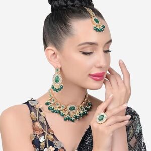 Poojavi Green Stones Beads Kundan Choker Necklace Earring Maangtikka & Ring Set For Women