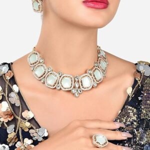 Poojavi  Green Stones Dazzling Austrian Diamonds Kundan Necklace Earring & Ring Set For Women