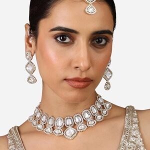 Poojavi  Gold Tone Stones & Austrian Diamonds Choker Necklace Earring Maangtikka Set For Women