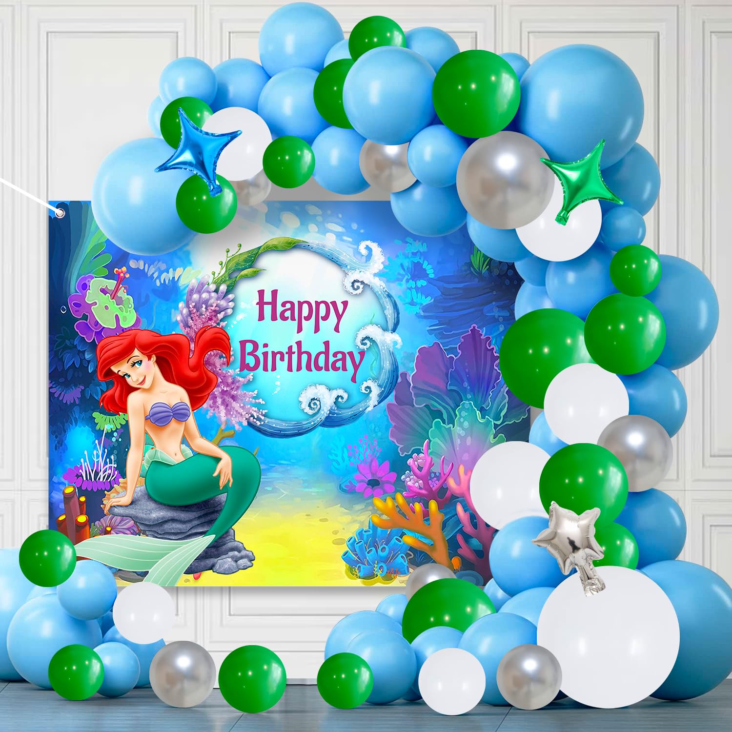 Theme Birthday Decorations with Backdrop ? 40 PCS Mermaid Balloons, Star Foil Balloons, Birthday Decoration Kit for Girls with Happy Birthdays Backdrop