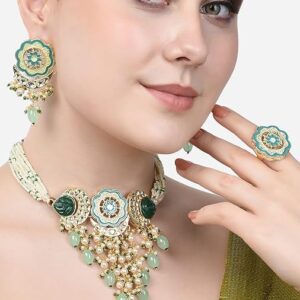 Poojavi Turquoise Blue & Green Meenakari Cascading Waterfall Beads Necklace Earring & Ring Set For Women