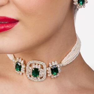 Poojavi Green Statement Stones Embellished Multistrand Beaded Choker Necklace & Earring Set For Women