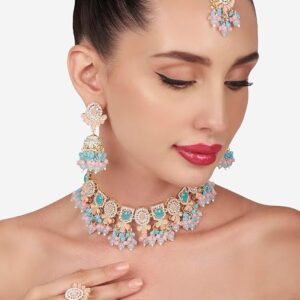 Poojavi Turquoise Blue Pink Stones Beads Choker Necklace Earring Maangtikka Ring Set For Women