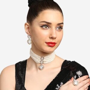 Poojavi Gold Tone Multistrand Beaded Austrian Diamonds Choker Necklace Earring & Ring Set For Women