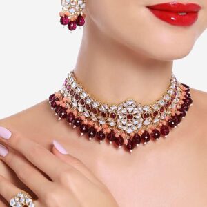 Poojavi Wine & Peach Cluster Drops Kundan Choker Necklace Earring & Ring Set For Women