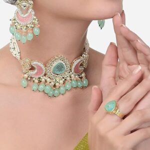 Poojavi Green Pink Stones & Beads Multistrand Kundan Choker Necklace Earring & Ring Set For Women