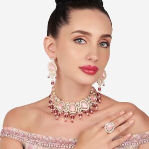 Poojavi Pink Colour Artificial Stones & Beads Choker Necklace Earring & Ring Set For Women