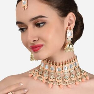 Poojavi Peach Meenakari Kundan Choker Necklace Earring Maangtikka & Ring Set For Women