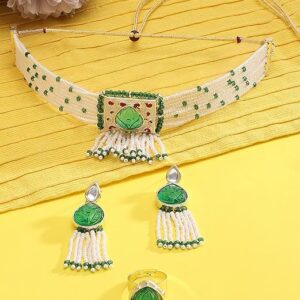 Poojavi Green Pink Multistrand Meenakari Choker Necklace Earring & Ring Set For Women