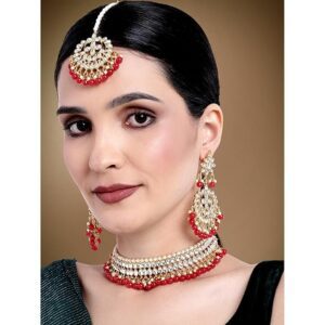18K Gold Plated Kundan Pearl Choker Necklace Earring Mang Tikka Traditional Jewellery Set for Women Wedding