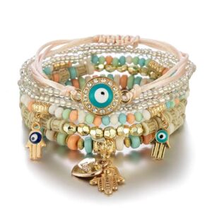 Bohemian Stackable Multilayer Hamsa Hand Evil Eye Lucky Protection Bracelets Multicolor Crystal Charm Beaded Bracelet for Women Girls