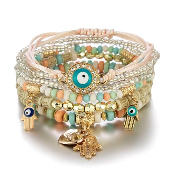 Bohemian Stackable Multilayer Hamsa Hand Evil Eye Lucky Protection Bracelets Multicolor Crystal Charm Beaded Bracelet for Women Girls