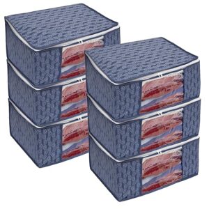 Set of 6 Non-Woven Printed Saree Cover/Cloth Storage/Organizer with Transparent Window (Navy Blue), 33.5 x 22 cm