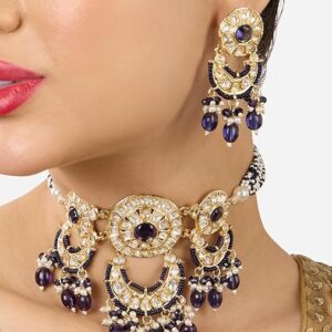 Poojavi Purple Stones Multistrand Beaded Kundan Choker Necklace & Earring Set For Women