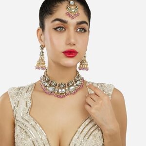 Poojavi Purple Beads Green Meenakari Dazzling Stones Bridal Necklace Earring & Maangtikka Set For Women