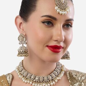 Poojavi Gold Tone Dazzling Stones Clustered Pearls Necklace Earring Maangtikka Set For Women