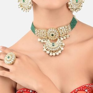 Poojavi Green Crystal Bridal Kundan Choker Necklace Earring & Ring Set For Women