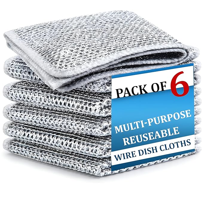 6 Pcs Non-Scratch Steel Wire Dishwashing Cloth | Heavy-Duty Scrubber for Utensils, Dishes & Kitchen Cleaning | Reusable & Durable Cleaning Cloth for Sink & Countertops