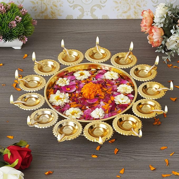 Shape Flower Decorative Urli Bowl for Home Handcrafted Bowl for Floating Flowers and Tea Light Candles,Office and Table Decor| Diwali Decoration Items (14 Inches), Gold