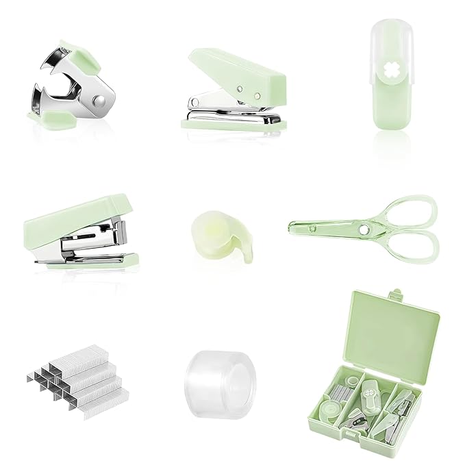 8Pcs Cute Stationery Items | Small Office Products Stationary in Portable Case | Includes Mini Stapler, Scissors, Tape Dispenser & Hole Puncher for Home or School