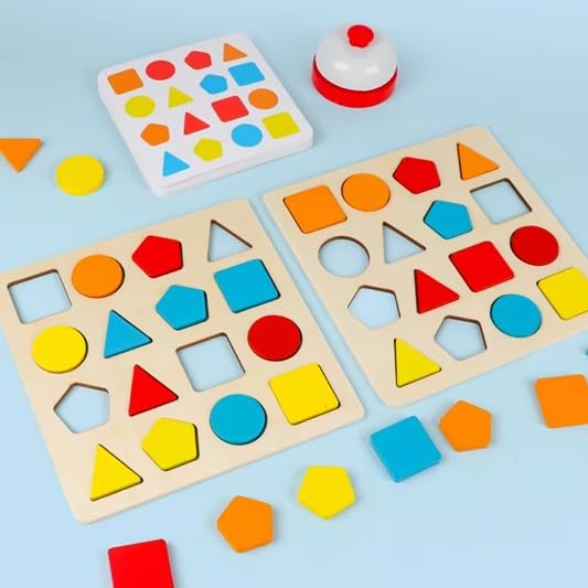 KIDS Wooden Board Game Sorting Puzzle with Cards Bell Educational Games Gift for Children 3+, Multi-Colour, 14.8 x 7.3 cm
