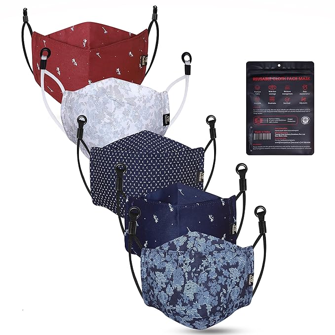 Reusable, Washable Designer Fabric Cotton 3D Printed 6 Layer Face Mask with Adjustable Earloop, Ear Saver Strap, Melt Blown Filter for Men & Women