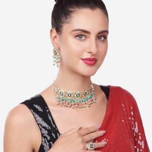Poojavi Pink & Green Beads Cluster Drops Kundan Choker Necklace Earring & Ring Set For Women