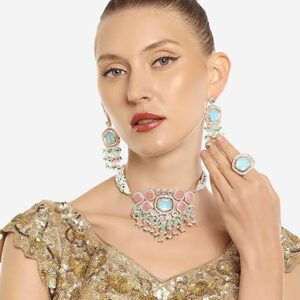 Poojavi Turquoise Blue & Pink Kundan Stones & Beads Choker Necklace Earring & Ring Set For Women