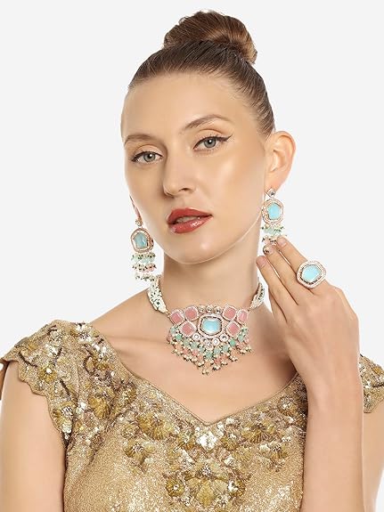 Poojavi Turquoise Blue & Pink Kundan Stones & Beads Choker Necklace Earring & Ring Set For Women