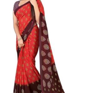 Printed Bollywood Georgette Saree for Women With Unsticted Blouse Peice (Red, Brown)