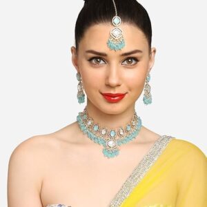 Poojavi  Turquoise Blue Austrian Diamonds Artificial Stones & Beads Bridal Necklace Earring & Maangtikka Set For Women