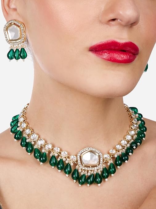 Poojavi Green Austrian Diamonds Artificial Stones & Beads Necklace & Earring Set For Women