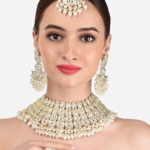 Poojavi Gold Tone Bridal Kundan Choker Necklace Earring Maangtikka & Ring Set For Women