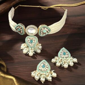 Poojavi Turquoise Blue Multistrand Beaded Artificial Stones Choker Necklace & Earring Set For Women