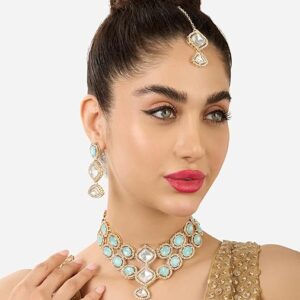 Poojavi Turquoise Blue Stones Dazzling Austrian Diamonds Choker Necklace Earring & Maangtikka Set For Women