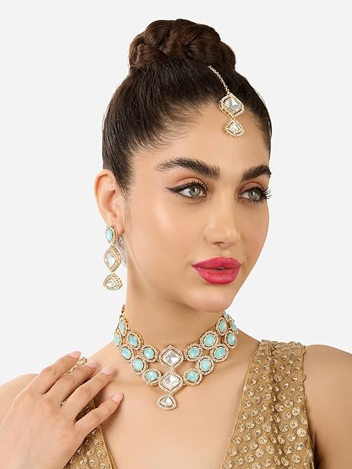 Poojavi Turquoise Blue Stones Dazzling Austrian Diamonds Choker Necklace Earring & Maangtikka Set For Women