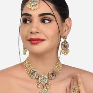 Poojavi  Pink & Green Meenakari Ethnic Choker Necklace Earring Maangtikka & Ring Set For Women