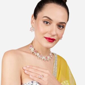 Poojavi  Pink Kundan Dazzling Austrian Diamonds & Artificial Stones Embellished Necklace Earring & Ring Set For Women