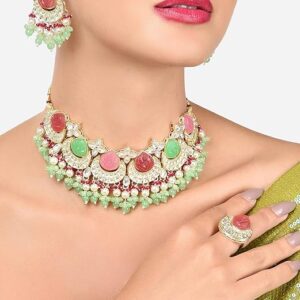 Poojavi Multicolor Stones & Cluster Beads Drop Kundan Choker Necklace Earring & Ring Set For Women