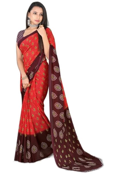 Printed Bollywood Georgette Saree for Women With Unsticted Blouse Peice (Red, Brown)