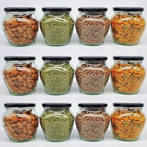 Transparent Glass Jar and Container Air Tight Black Lid for Kitchen 400 ml Mataki Glass Jar with Airtight Metal Lid Pack of (6)