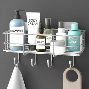 Stainless Steel Self Adhesive Bathroom Shelf/No Drill Bathroom Organizer with Hooks/Washroom Shelf- Pack of 1(Chrome)