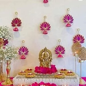 Handmade Engineered Wood Wall Decor Lotus with jhumki Style Hanging for Home Decor,Diwali Decor,Wedding & All Festival Decor (6 PCS -Pink/Raani). Export Quality Lotus. for Temple/Pooja D?cor