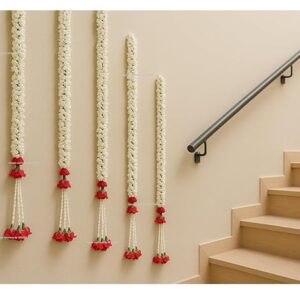 Artificial Jasmine Buds & Clustered Rose Strings for Festive Pooja Wedding Housewarming Decorations Approx 2.5 ft - Number of Strings- (Red, 6)