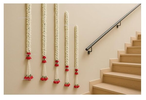 Artificial Jasmine Buds & Clustered Rose Strings for Festive Pooja Wedding Housewarming Decorations Approx 2.5 ft - Number of Strings- (Red, 6)