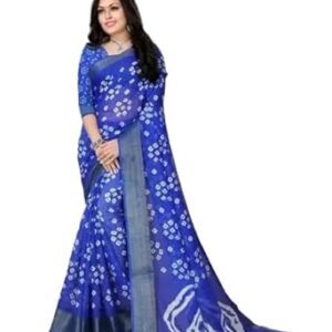 Women's Bandhani Print Cotton Saree, Royal Blue with Grey Border, Traditional Pattern