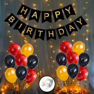 Red & Black Happy Birthday Decoration Set - 54Pcs Combo Pack - Birthday Banner (cardstock), Heart Foil Ballons, Metallic Balloon, Led Lights - Birthday Decorations Item