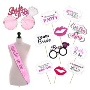 Bride To Be Combo Set - Satin & Cardstock, 12pcs, Bachelorette Party Decorations Kit, Glitter Sash & Photo Booth Props