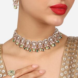 Poojavi Green Pink Stones Austrian Diamonds Embellished Choker Necklace Earring & Ring Set For Women
