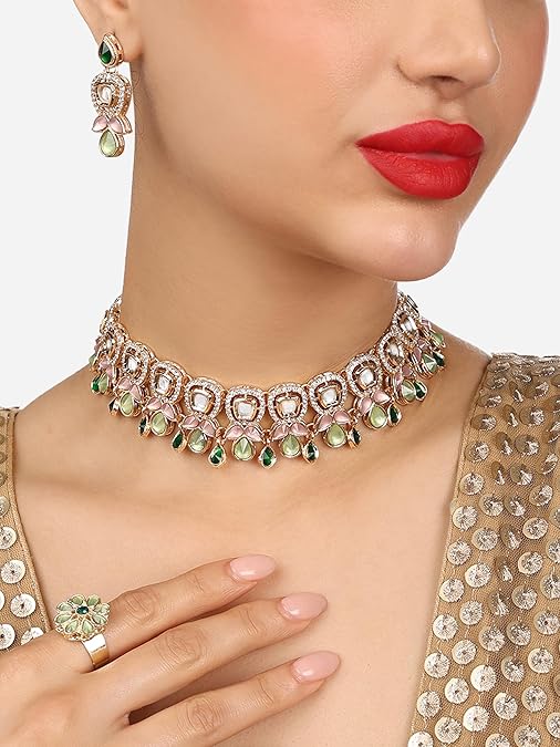 Poojavi Green Pink Stones Austrian Diamonds Embellished Choker Necklace Earring & Ring Set For Women